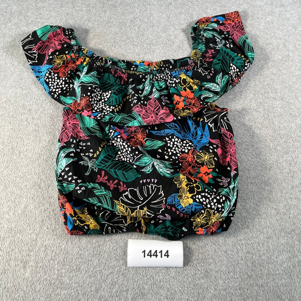 Arizona Jean Co Off The Shoulder Top Womens Medium Black Multi Floral Ruffle